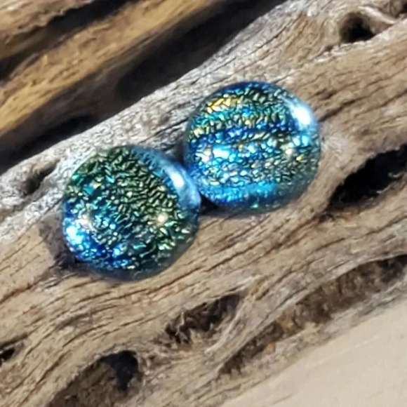 Fused Dichroic Art Glass Cabochon Black Multi Round Stud Earrings - Picture 1 of 6